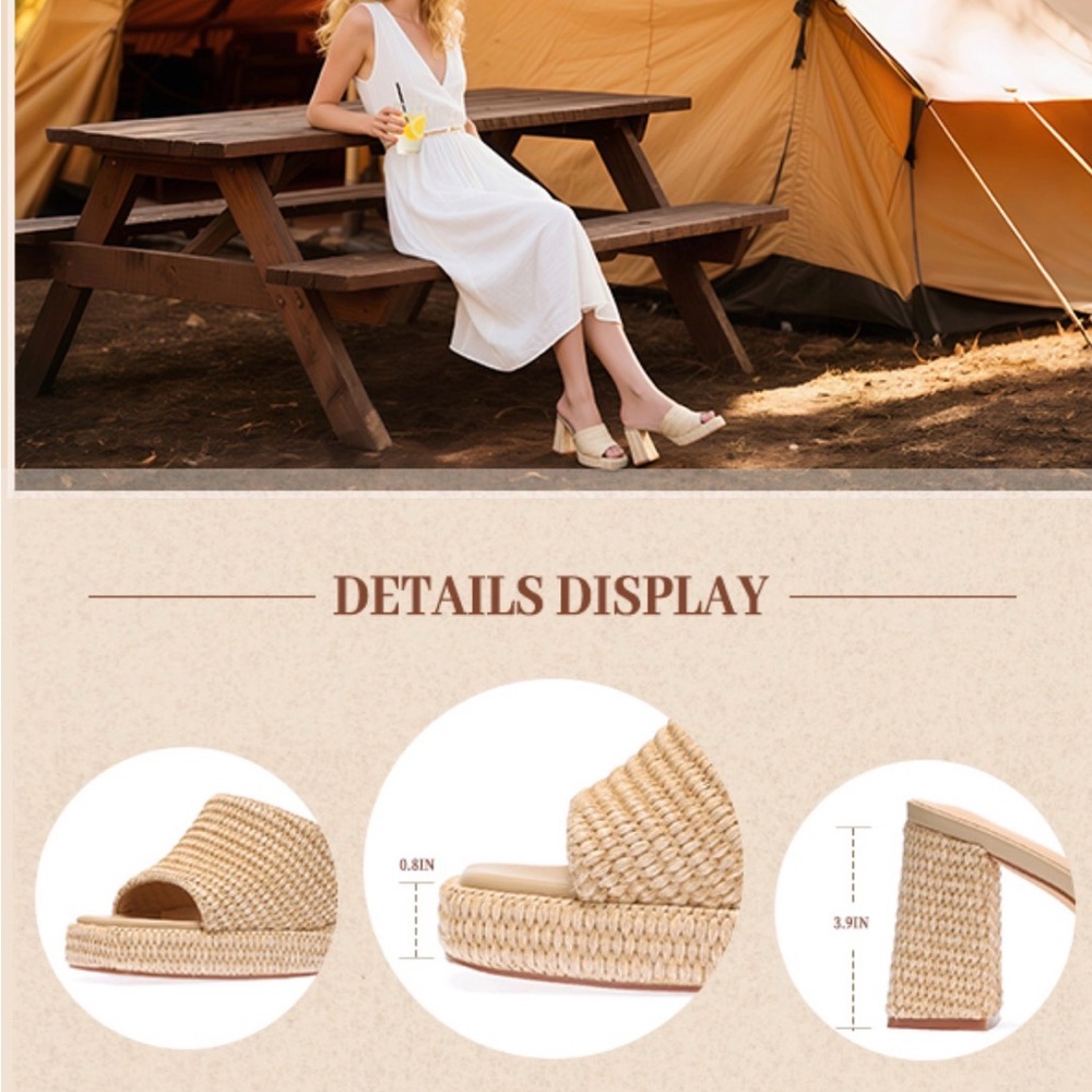 NWT Elegant Tan Woven Raffia Platform Wedge Espadrilles Sandals Heels - Picture 8 of 11